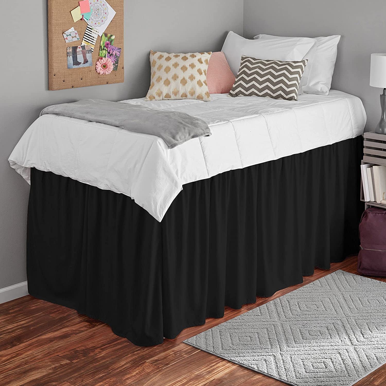 College Dorm Bedskirt, Ruffled Dorm Bedskirt for Dorm Bed, Twin XL Size, 100% Microfiber, Bedskirt Dorm 48" Drop Extra Soft and Luxury -Black Solid.