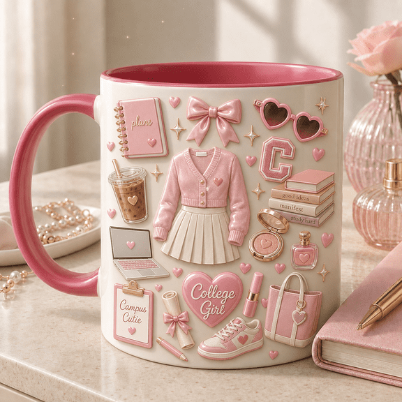 College Girl Mug Pink Campus Coffee Cup Gift for Students, Dorm Desk Morning Routine