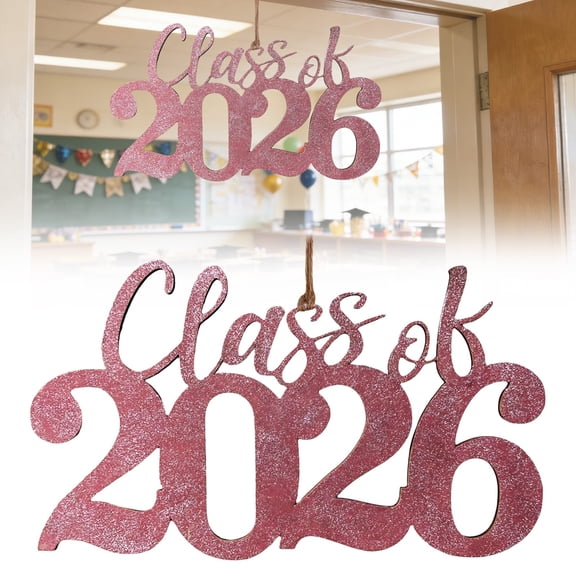 College Graduation Wooden Hanging Sign - Pink Glitter Class of 2026 Decor with Jute String, 40x23cm Commemorative Keepsake