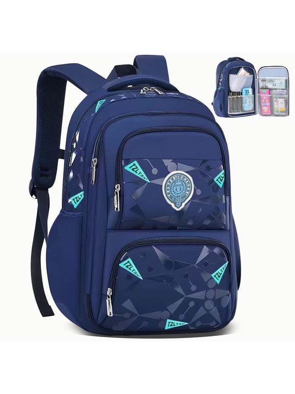 Man Boys School Backpack, 180Degree Open Bookbag for Teens with Laptop Compartment,Water Resistant, Blue