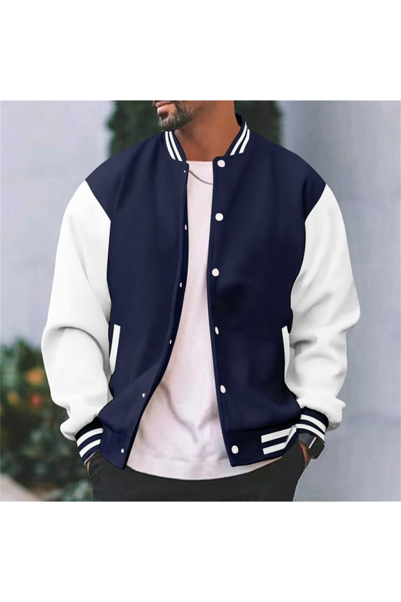 College High School Jackets for Men Varsity Letterman Baseball Bomber Jacket Button Color Block Tops Navy L
