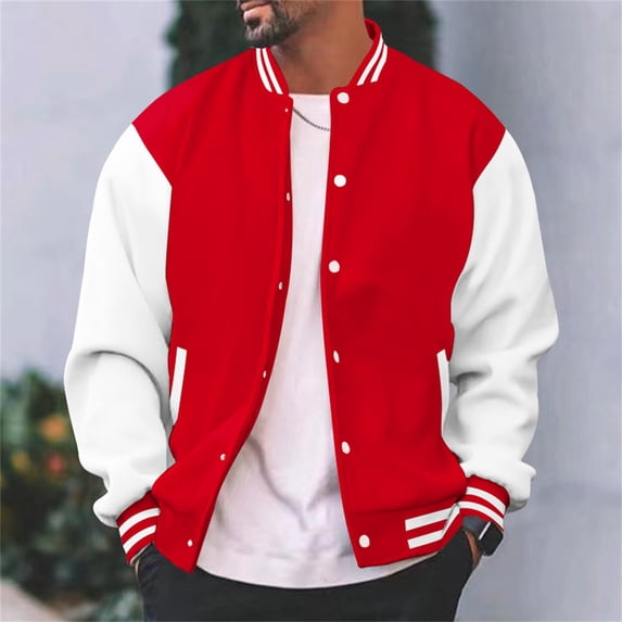 College High School Jackets for Men Varsity Letterman Baseball Bomber Jacket Button Color Block Tops Red XL