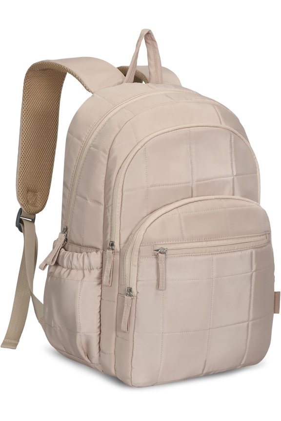 College Laptop Backpack 16 Inches Quilted Travel Backpack for Women Lightweight Puffer Casual Daypack 28L Camel