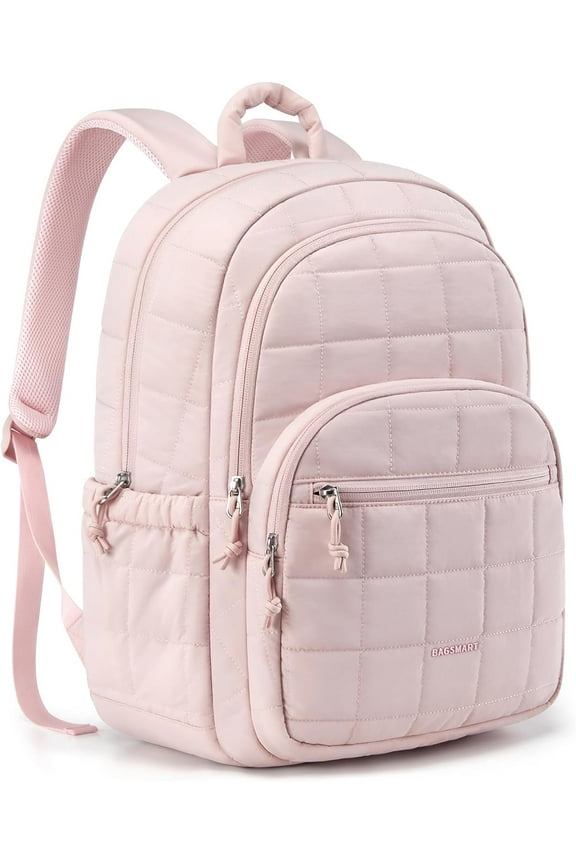 College Laptop Backpack, Travel Laptop Backpack for Women, Quilted Casual Daypack, Water-Resistant Bookbag for 15.6 Inch Laptop, Pink