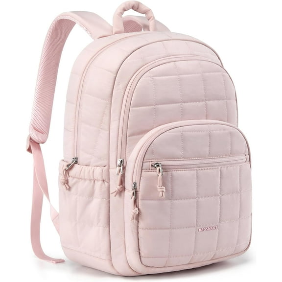 College Laptop Backpack, Travel Laptop Backpack for Women, Quilted Casual Daypack, Water-Resistant Bookbag for 15.6 Inch Laptop, Pink
