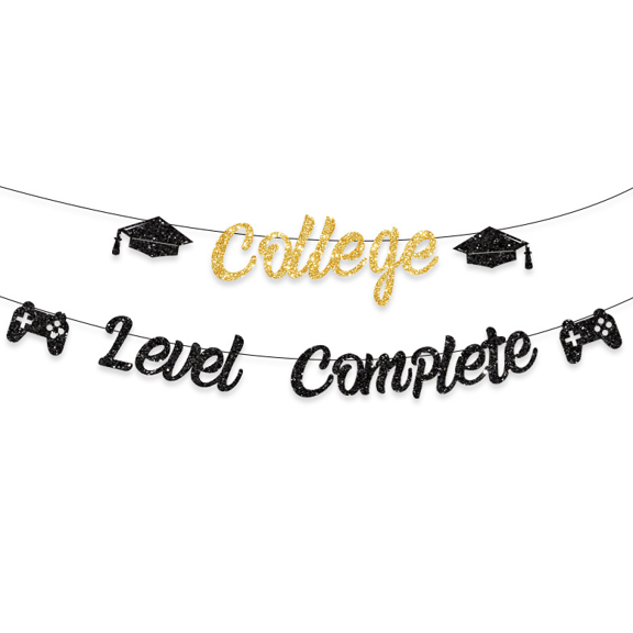 College Level Complete Glitter Banner, Black and Gold, Graduation Party Decoration, Gamer Theme