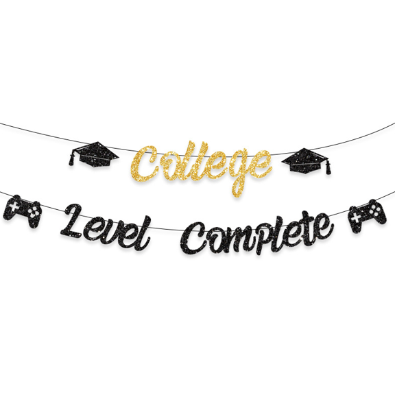 College Level Complete Glitter Banner, Black and Gold, Graduation Party Decoration, Gaming Theme