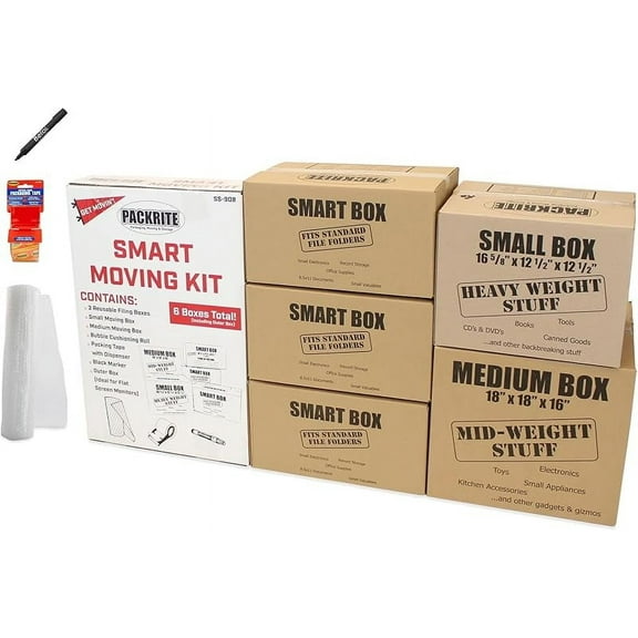 College Moving Kit, with Moving Boxes, Packing Tape, Bubble Wrap, Markers, and Moving Supplies