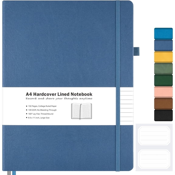 College Ruled Notebook, A4 Hardcover Leather Notebook for Work, Lined Notebook Journal for Women, Men, 192 Thick Paper, 8.5" x 11", Large Notebook with Pockets, Professional Business Notebook, Blue