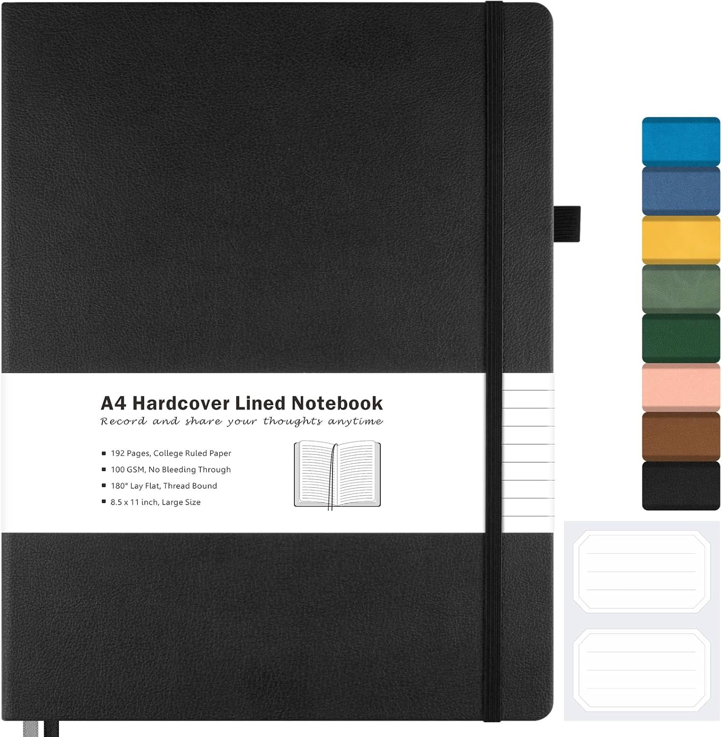 College Ruled Notebook, A4 Hardcover Leather Notebook for Work, Lined Journal Women, Men, 192 Thick Paper, Lay Flat, Large with 2 Pockets, Professional Business
