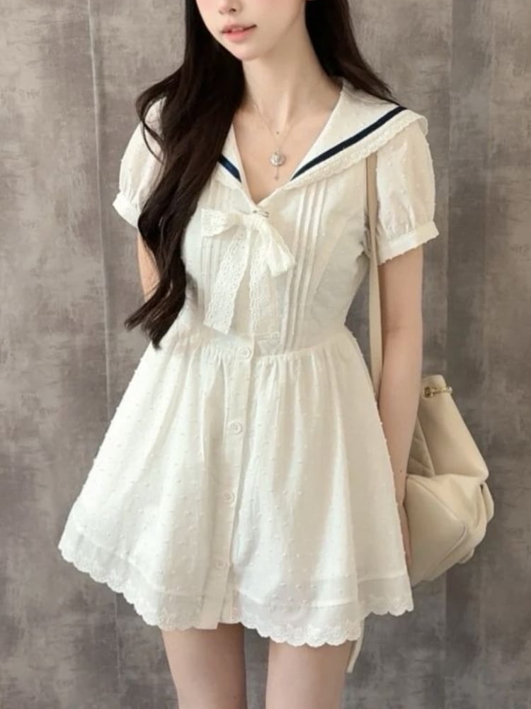 College Style White Sweet One Piece Dress Women Sailor Collar Kawaii Summer Japanese  Casual Short Sleeve Elegant Party Dress New - Walmart.com