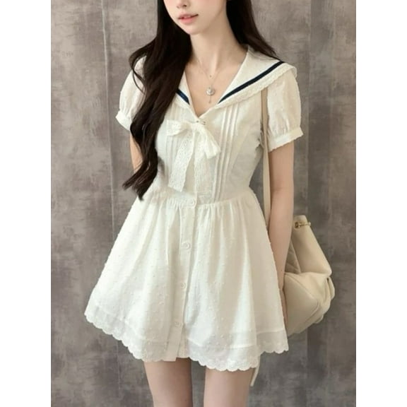 College Style White Sweet One Piece Dress Women Sailor Collar Kawaii Summer Japanese Casual Short Sleeve Elegant Party Dress New