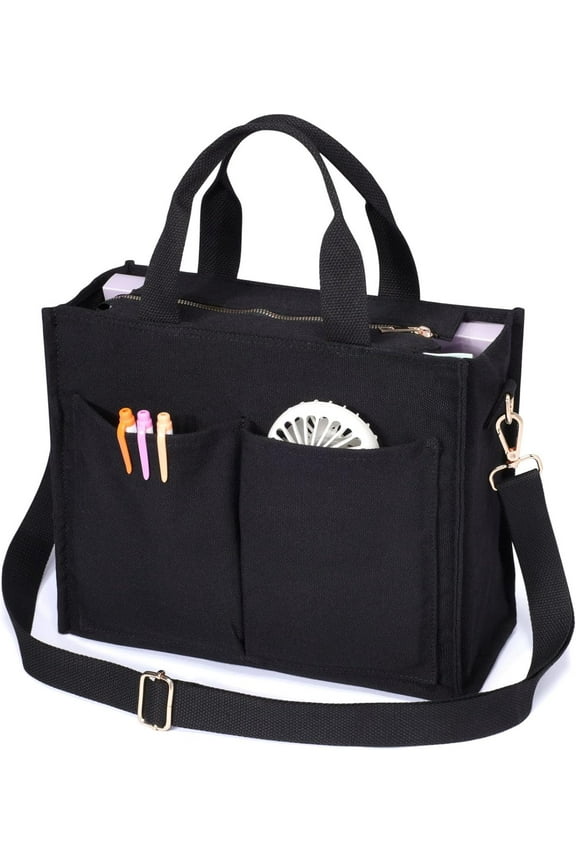 College Tote Bag for Women - Crossbody Canvas Tote Bag with Zipper & 7 Pocket for Work College Teacher Nurse Gift