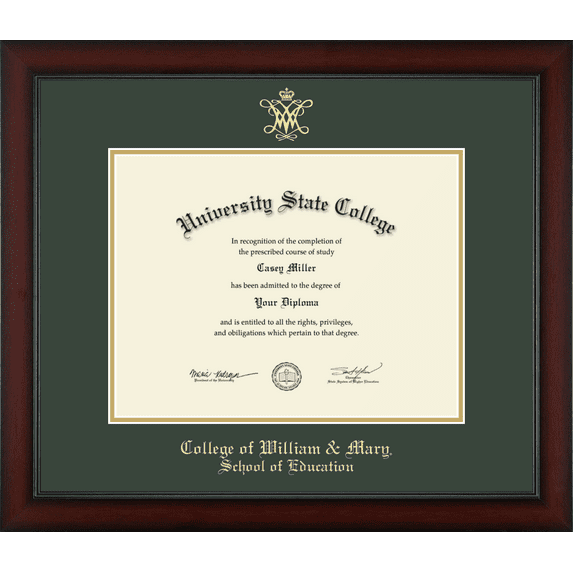 College of William and Mary School of Education Diploma Frame, Document Size 13" x 10"