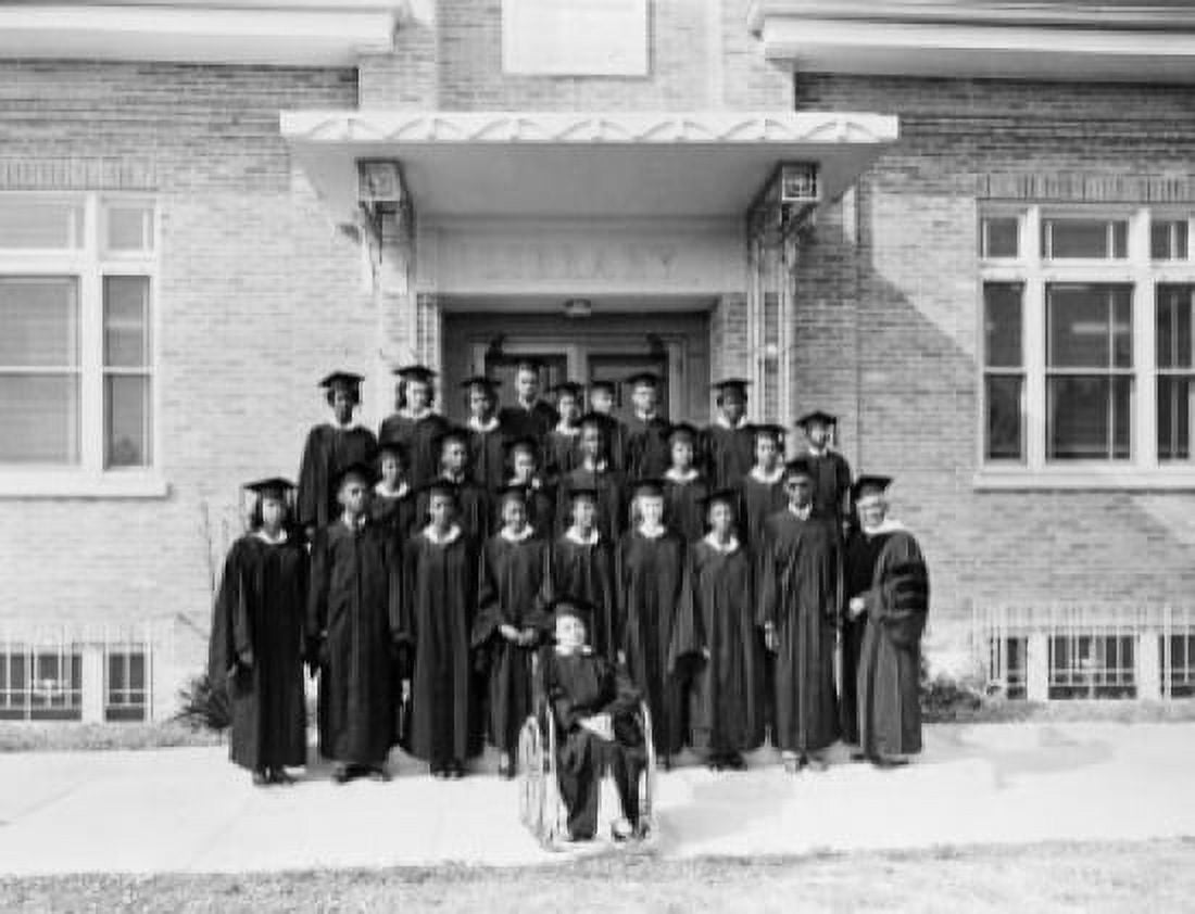 College students dressed in graduation gowns standing in front of the school library Canvas Art - (24 x 36)
