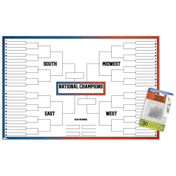 Collegiate - 68 Team Bracket Wall Poster with Push Pins, 14.725" x 22.375"