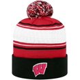 thumbnail image 1 of Brand New Collegiate Men's Wisconsin Striped Cuffed Knit Winter Pom Beanie Hat, 100% Cotton, Embroidered Logos, Official School Colors, 1 of 2