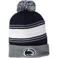 thumbnail image 1 of Brand New Collegiate Men's Penn/St Striped Cuffed Knit Winter Pom Beanie Hat, 100% Cotton, Embroidered Logos, Official School Colors, 1 of 1