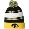 thumbnail image 1 of Brand New Collegiate Men's Iowa Striped Cuffed Knit Winter Pom Beanie Hat, 100% Cotton, Embroidered Logos, Official School Colors, 1 of 1