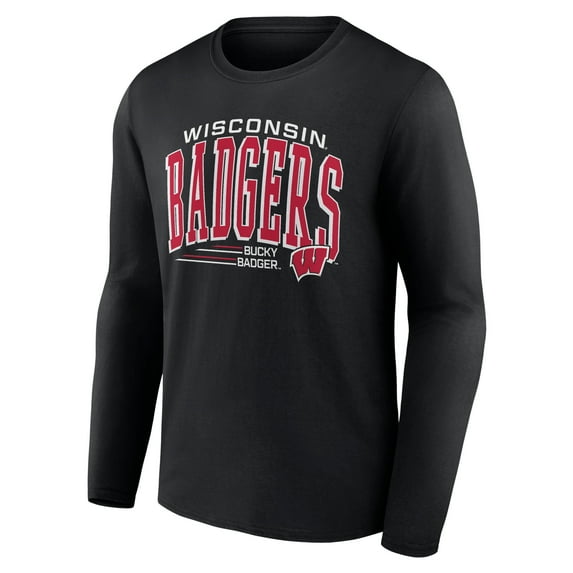 Collegiate WISCONSIN Men's Black Color Long Sleeve Cotton Crew Tee Tilt Arch