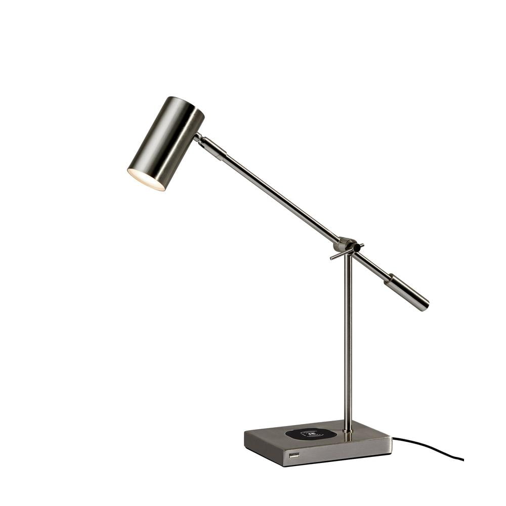 Flemings Brushed Steel Adjustable LED Desk Lamp with USB & Qi Charging