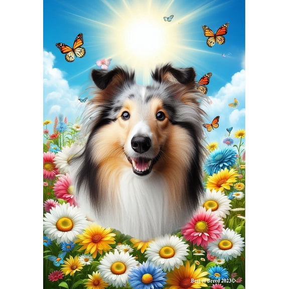 Collie Blue Merle - Best of Breed Summer Butterflies Outdoor House Flag 28" x 40" Mailbox Flag Dog Flag