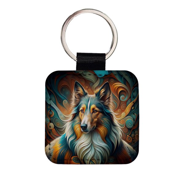 Collie Dog Abstract Stylized Art Faux Leather Square Keychain