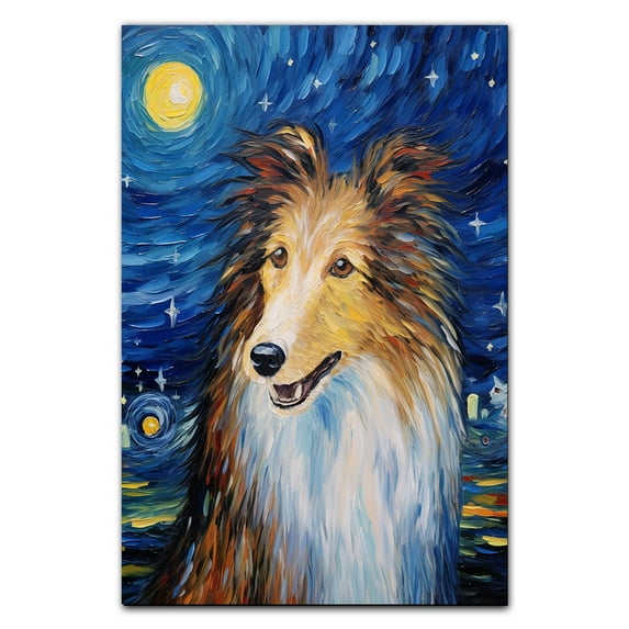 Collie Dog Art Canvas, Starry Night Van Gogh Oil Painting Art Print Poster Wall Decor Inspired Pomeranian Dog Pet Family Friend Peace