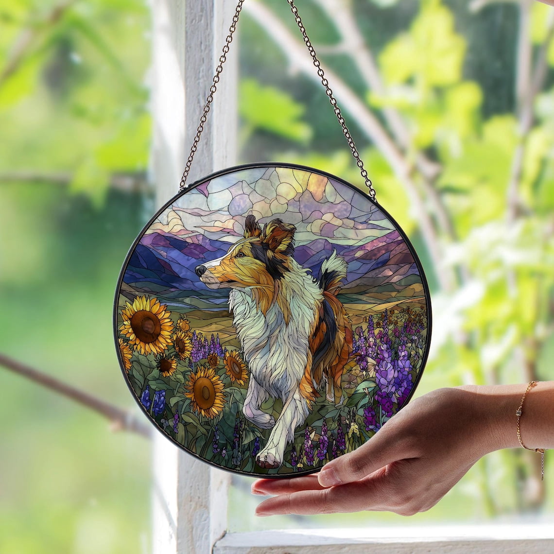 Collie Dog Glass Suncatcher, Pet Breed Memorial Art, Unique Dog Lover Window, 3.5 in