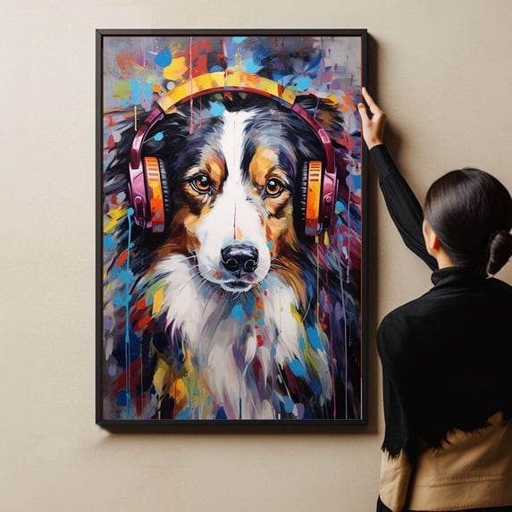 Collie Dog Headphone Art Print Canvas, Wall art Painting Decor, Dog Canvas Art Home Decor Artwork For Bedroom Living Room Bathroom Décor