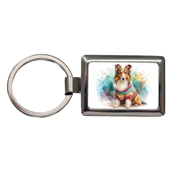 Collie Dog Wearing A Sweater Watercolor Metal Rectangle Keychain