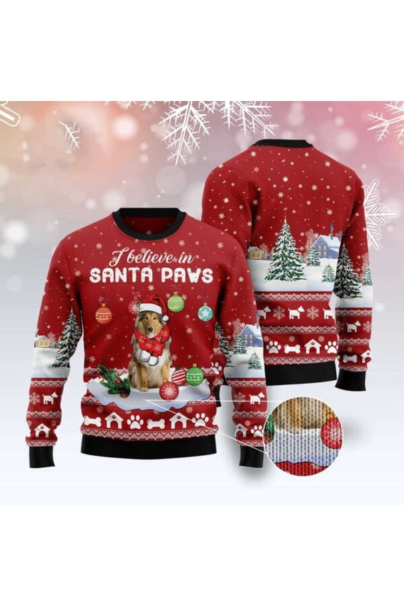 Collie I Believe In Santa Paws Ugly Christmas Sweater, Dog Ugly Christmas Sweater, Ugly Dog Sweaters