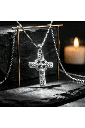 Medieval Viking Celtic Knot Cross Pendant Necklace for Men, 14K White Gold Filled, Retro HistoricalStyle Decorative Fashion Accessories