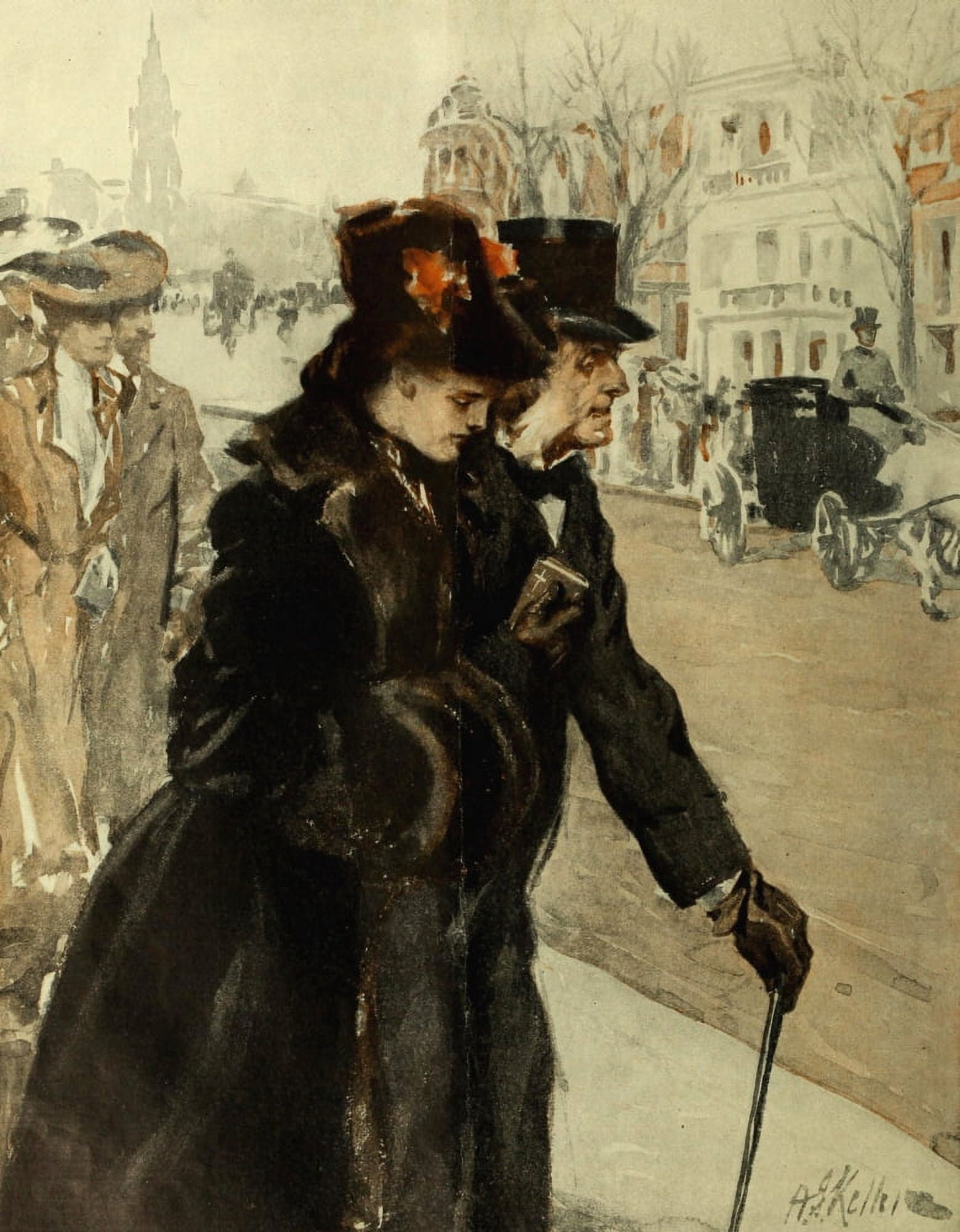 Colliers 1908 Couple in street Canvas Art - AI Keller (18 x 24)