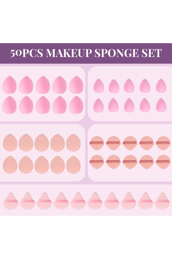 Makeup Sponge & Powder Puff Set, 10Pcs Beauty Sponge Blending with 10Pcs Mini Makeup Sponges 20Pcs Finger Powder Puff 10Pcs Triangle Powder Puff for for Liquid, Cream, Foundation (Pink)