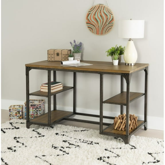 Collin Computer Desk with Selves, 48" Wide, Weathered Driftwood