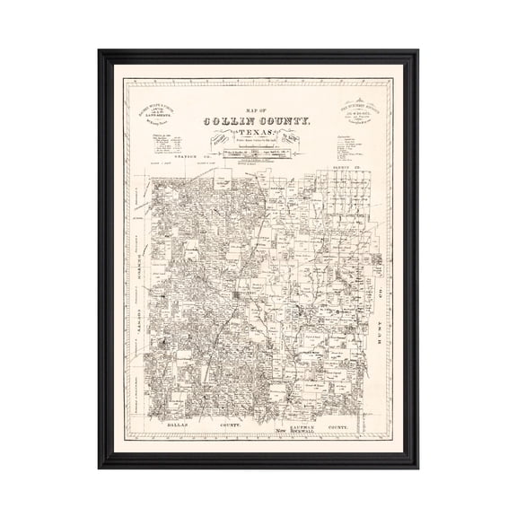 Collin County Texas Art, 1881 Vintage Map of Collin County TX History Wall Decor Gift, Old Collin County TX Map - 24" x 36" Black Framed Print