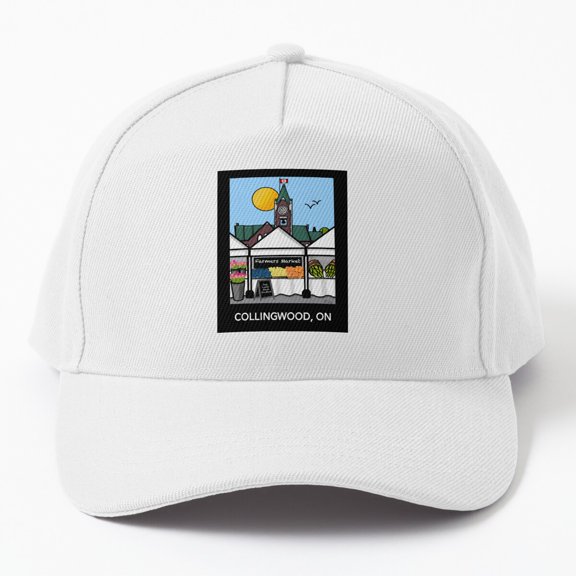 Collingwood Farmers Market Baseball Hat, Ontario Market Scene on Black Background Design, Cap