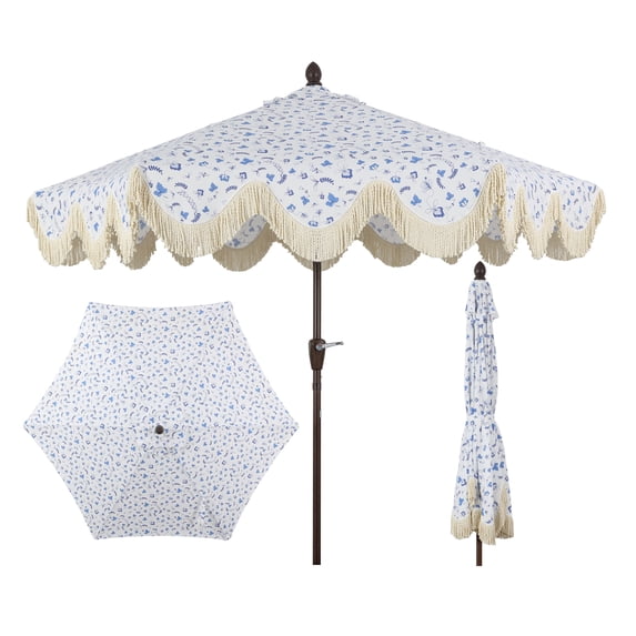 JONATHAN Y Collins 9 ft. Market Patio Umbrella, Classic Cottage Fringe Tassel, with Auto-Tilt Crank, Wind Vent and UV Protection, Blue/White/Cream, Dark Brown Pole