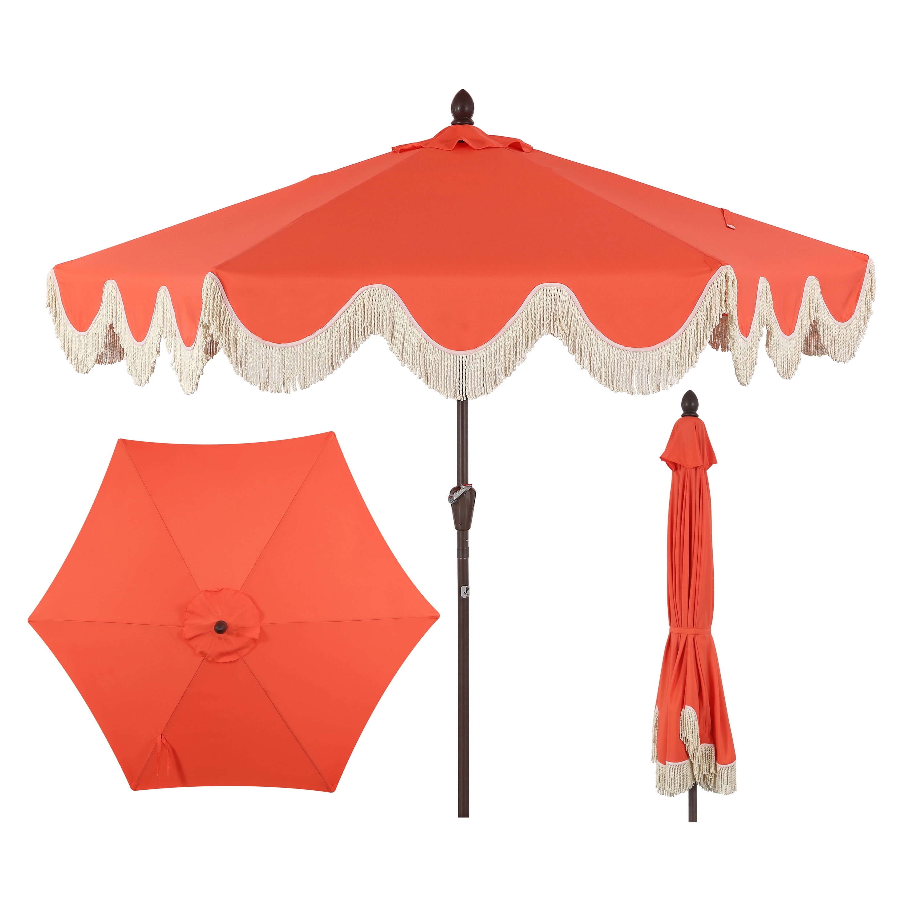 Collins 9 ft. Coral Red and Cream Tassel Patio Umbrella with Auto-Tilt