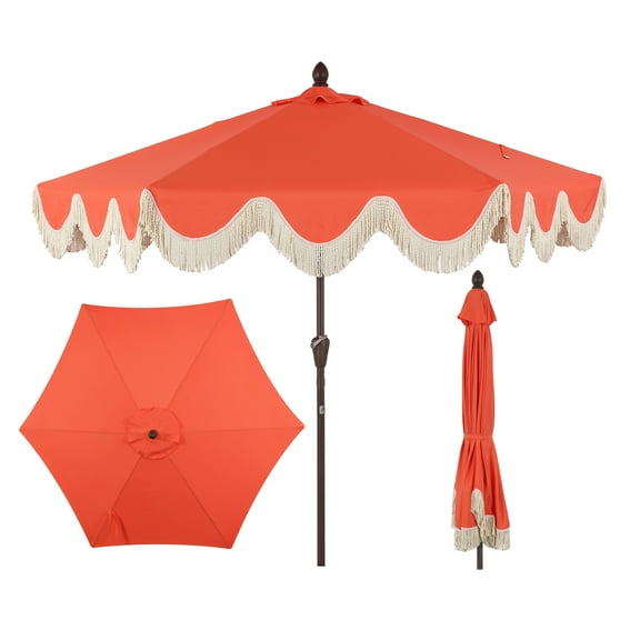 JONATHAN Y Collins 9 ft. Market Patio Umbrella, Classic Cottage Fringe Tassel, with Auto-Tilt Crank, Wind Vent and UV Protection, Coral Red/Cream, Dark Brown Pole