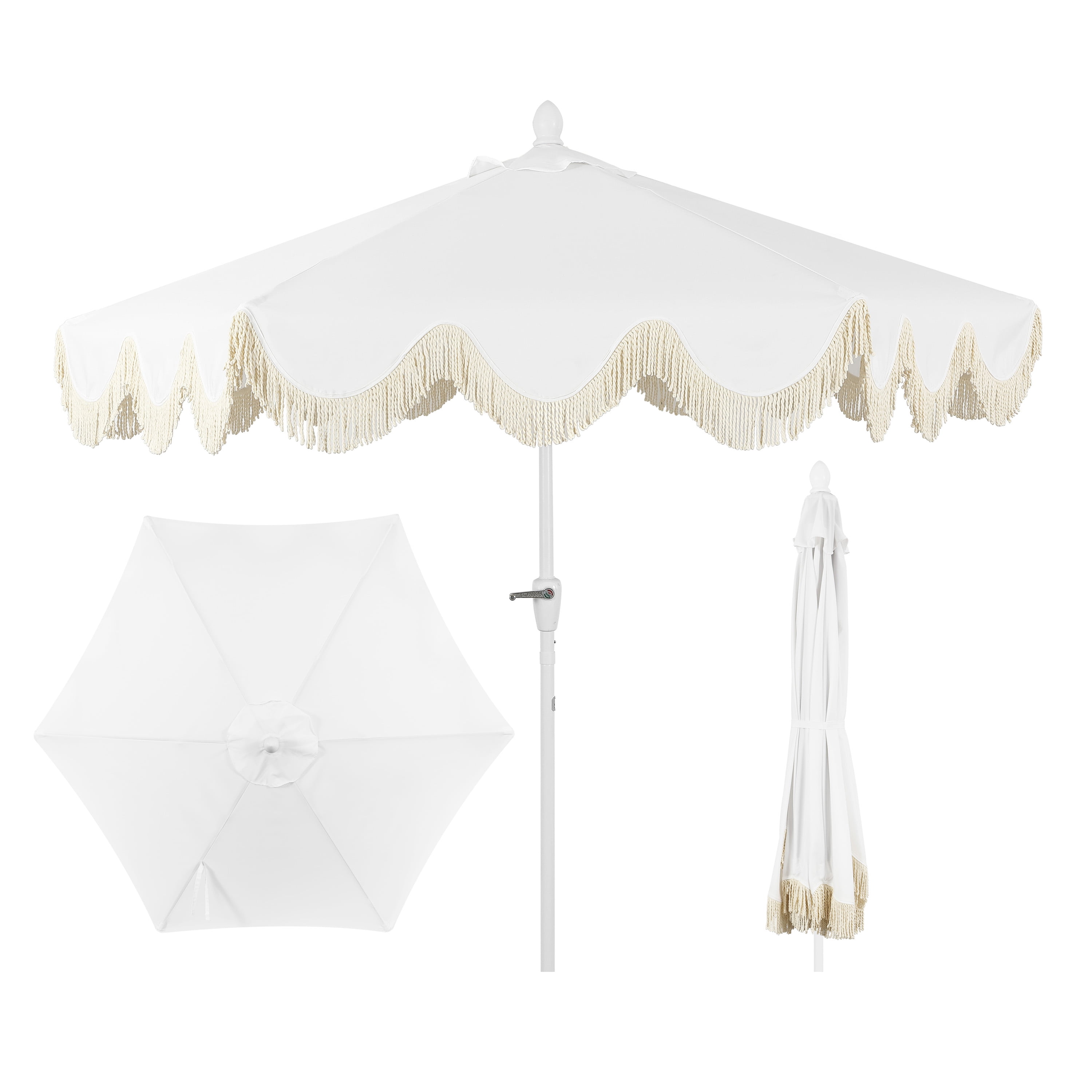 Collins 9 ft. White and Cream Aluminum Patio Umbrella with Tassels