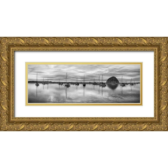 Collins, Ann 14x7 Gold Ornate Wood Framed with Double Matting Museum Art Print Titled - USA-California-Morro Bay Panoramic view of harbor and Morro Rock at dusk
