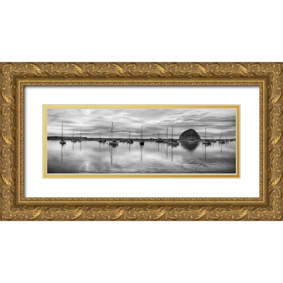 Collins, Ann 24x11 Gold Ornate Wood Framed with Double Matting Museum Art Print Titled - USA-California-Morro Bay Panoramic view of harbor and Morro Rock at dusk