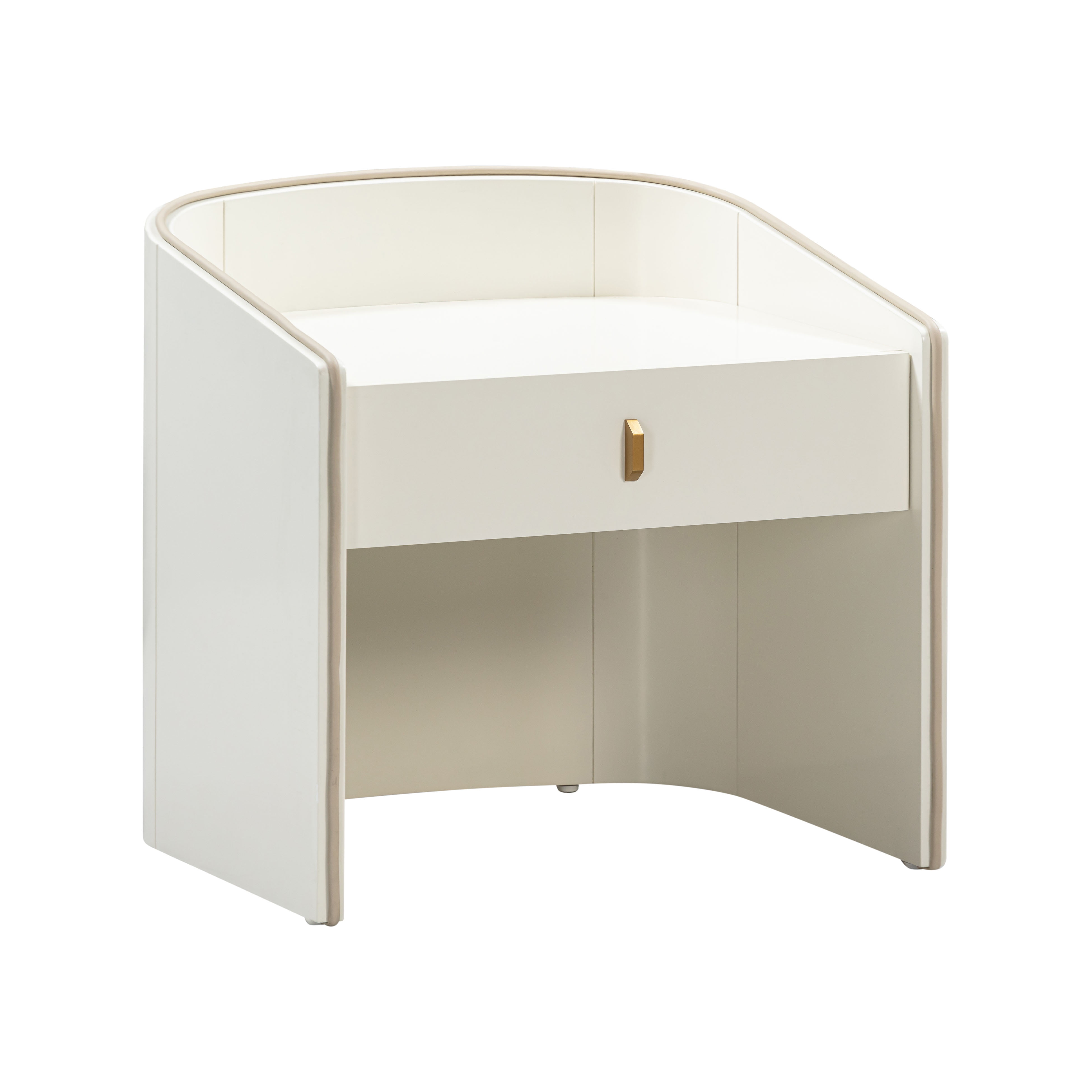 Cream Lacquered Acacia Art Deco Nightstand with Gold Handle