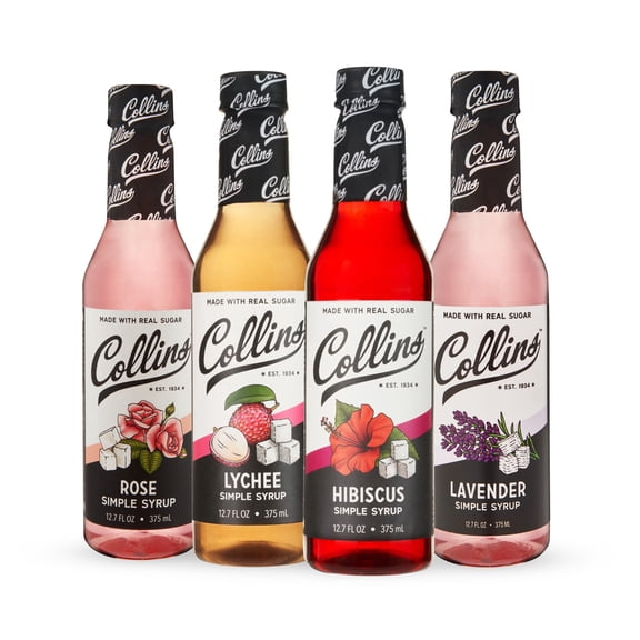 Collins Floral & Lychee Cocktail Syrup Gift Set Lavender, Lychee, Hibiscus & Rose Simple Syrups  12.7 oz Bottles  Drink Mixer Set for Cocktails & Mocktails, Home Bar Variety Pack