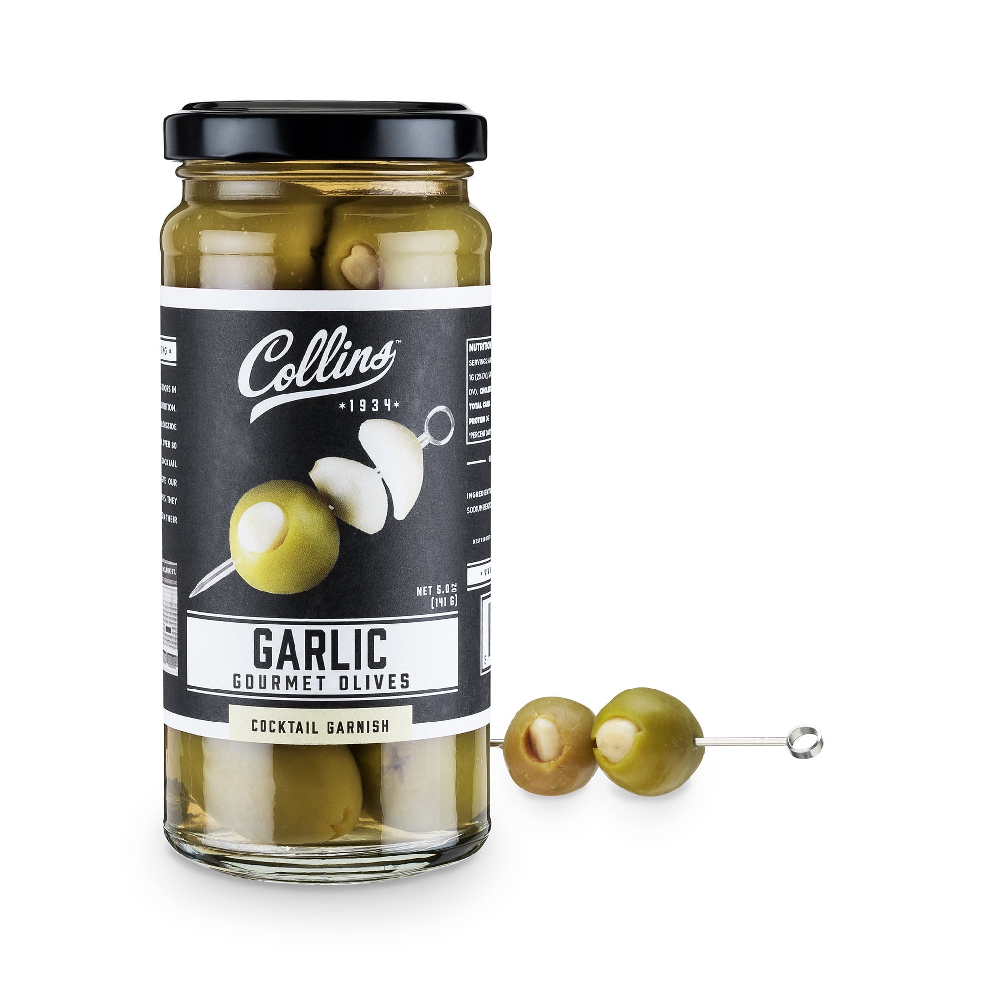 Collins Garlic Queen Olives | Premium Garlic-Stuffed Green Olives Garnish for Cocktails, Martinis, Salads, Charcuterie Trays, Cheese Boards, 5oz
