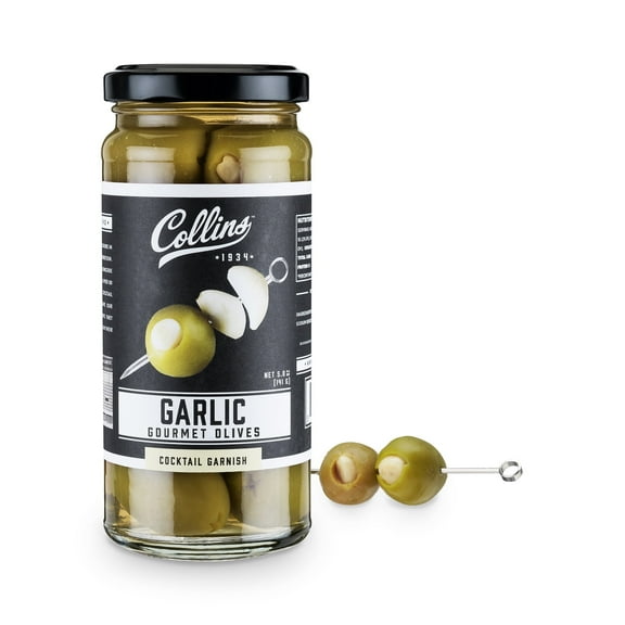 Collins Garlic Queen Olives | Premium Garlic-Stuffed Green Olives Garnish for Cocktails, Martinis, Salads, Charcuterie Trays, Cheese Boards, 5oz