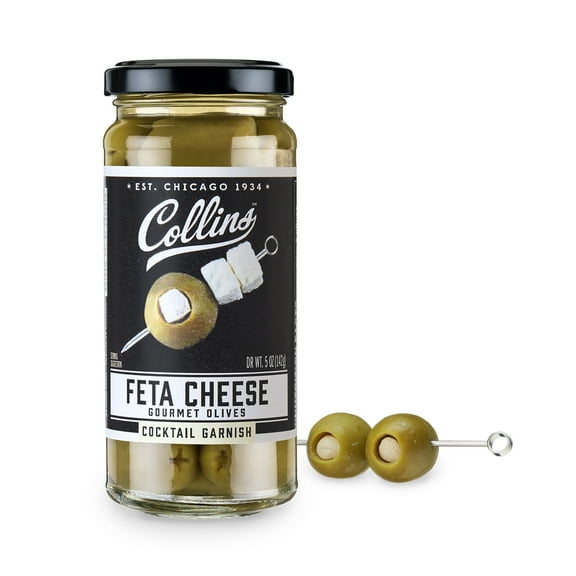 Collins Gourmet Feta Cheese Olives | Cheese-Stuffed Premium Garnish for Cocktails, Bloody Marys, Martinis, Salads, Meat Trays, 5oz