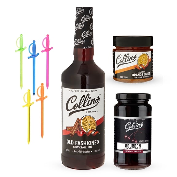 Collins Old Fashioned Kit, Whiskey Cocktail Mix, Orange Garnish, Bourbon Cherries, Drink Picks, Home Bar Accessories, Home Bar Kit, bartender Mixer, Drinking Gifts, Mixology Cocktail kit, Set of 4
